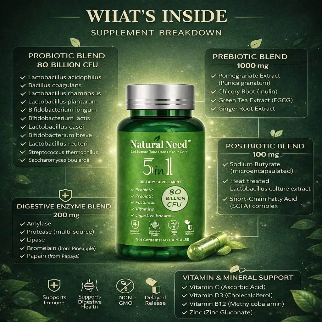 NATURAL NEED™ Gut Health – 5-in-1 Formula with Probiotics, Prebiotics, Postbiotics, Enzymes & Vitamins (C,D3,B12,Zinc) – Delayed Release Capsule – Supports Overall Digestion, Immunity & Gut – 60 Vegan - Maple Wellness Supplements