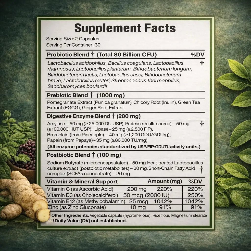 NATURAL NEED™ Gut Health – 5-in-1 Formula with Probiotics, Prebiotics, Postbiotics, Enzymes & Vitamins (C,D3,B12,Zinc) – Delayed Release Capsule – Supports Overall Digestion, Immunity & Gut – 60 Vegan - Maple Wellness Supplements