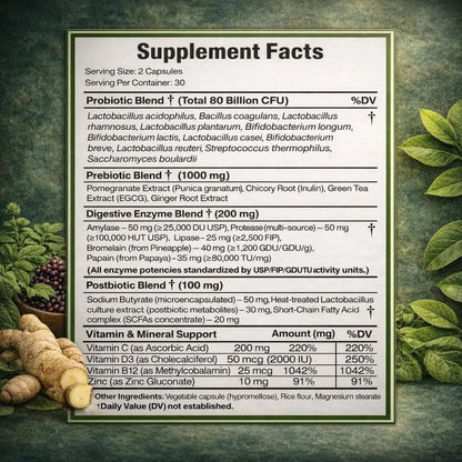NATURAL NEED™ Gut Health – 5-in-1 Formula with Probiotics, Prebiotics, Postbiotics, Enzymes & Vitamins (C,D3,B12,Zinc) – Delayed Release Capsule – Supports Overall Digestion, Immunity & Gut – 60 Vegan - Maple Wellness Supplements