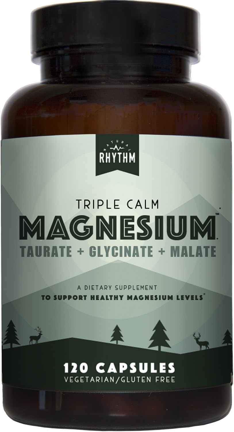 Natural Rhythm Triple Calm Magnesium Complex - 120 Capsules, Chelated Magnesium Glycinate, Taurate & Malate, High Absorption Supplement for Sleep, Stress, Muscle & Heart Support, Non-GMO, Vegan - Maple Wellness Supplements
