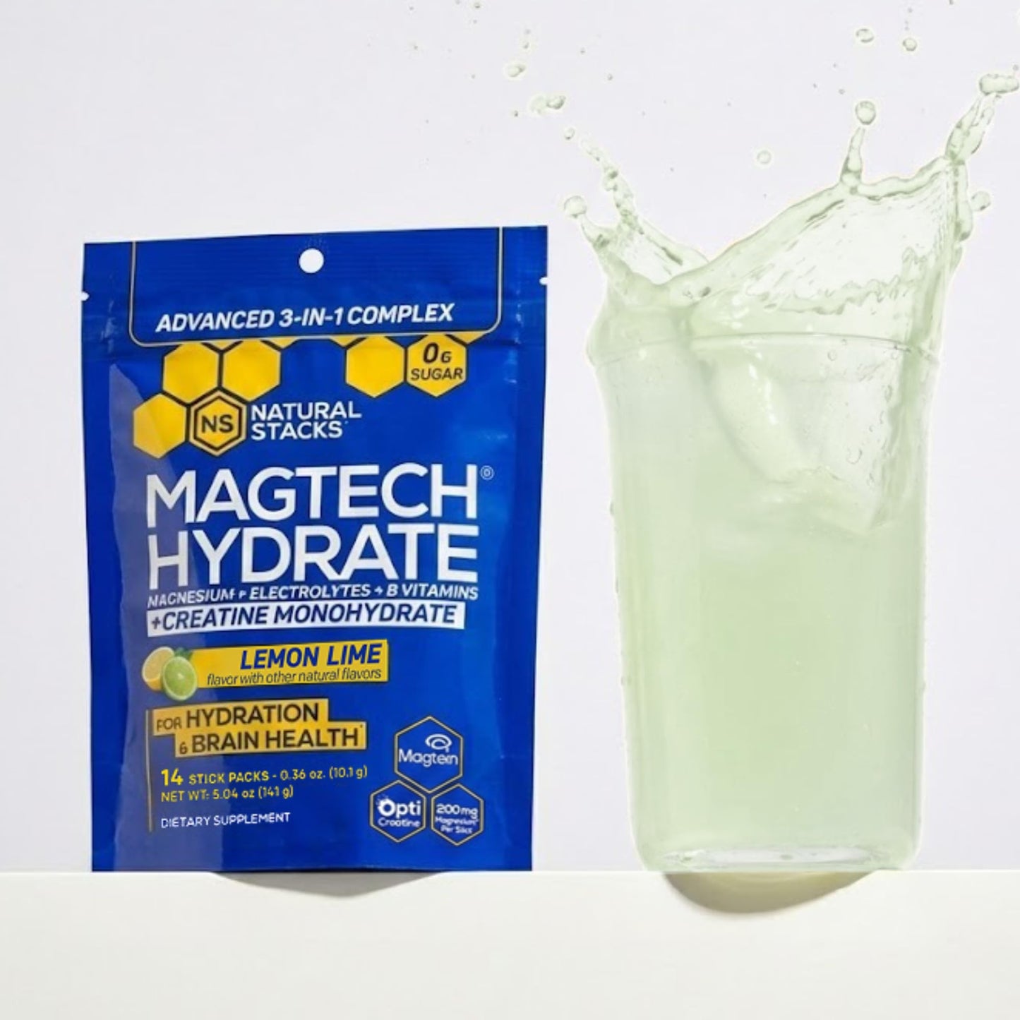 NATURAL STACKS Magtech Magnesium Hydrate + Creatine - Sugar Free Electrolyte Drink - Magtein Magnesium L-Threonate, Glycinate & Taurate - Supports Hydration & Cellular Energy - 14 Hydration Packets - Maple Wellness Supplements