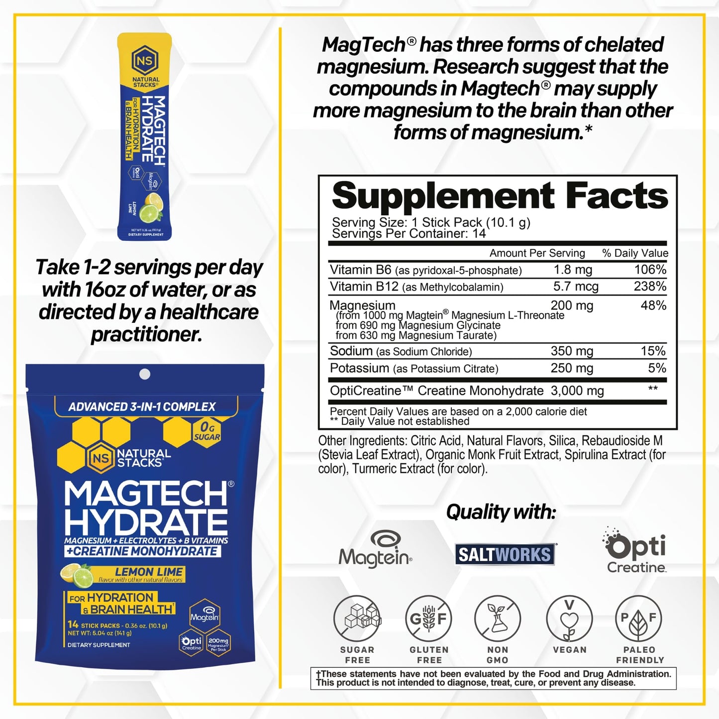 NATURAL STACKS Magtech Magnesium Hydrate + Creatine - Sugar Free Electrolyte Drink - Magtein Magnesium L-Threonate, Glycinate & Taurate - Supports Hydration & Cellular Energy - 14 Hydration Packets - Maple Wellness Supplements