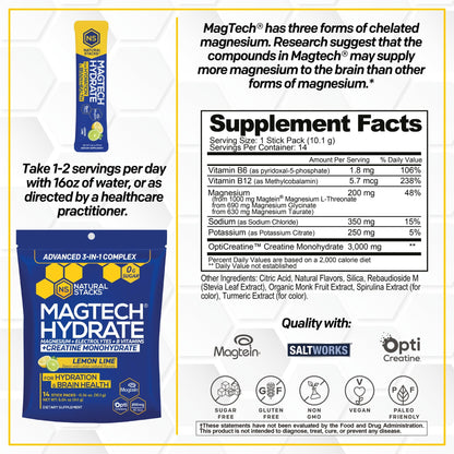 NATURAL STACKS Magtech Magnesium Hydrate + Creatine - Sugar Free Electrolyte Drink - Magtein Magnesium L-Threonate, Glycinate & Taurate - Supports Hydration & Cellular Energy - 14 Hydration Packets - Maple Wellness Supplements