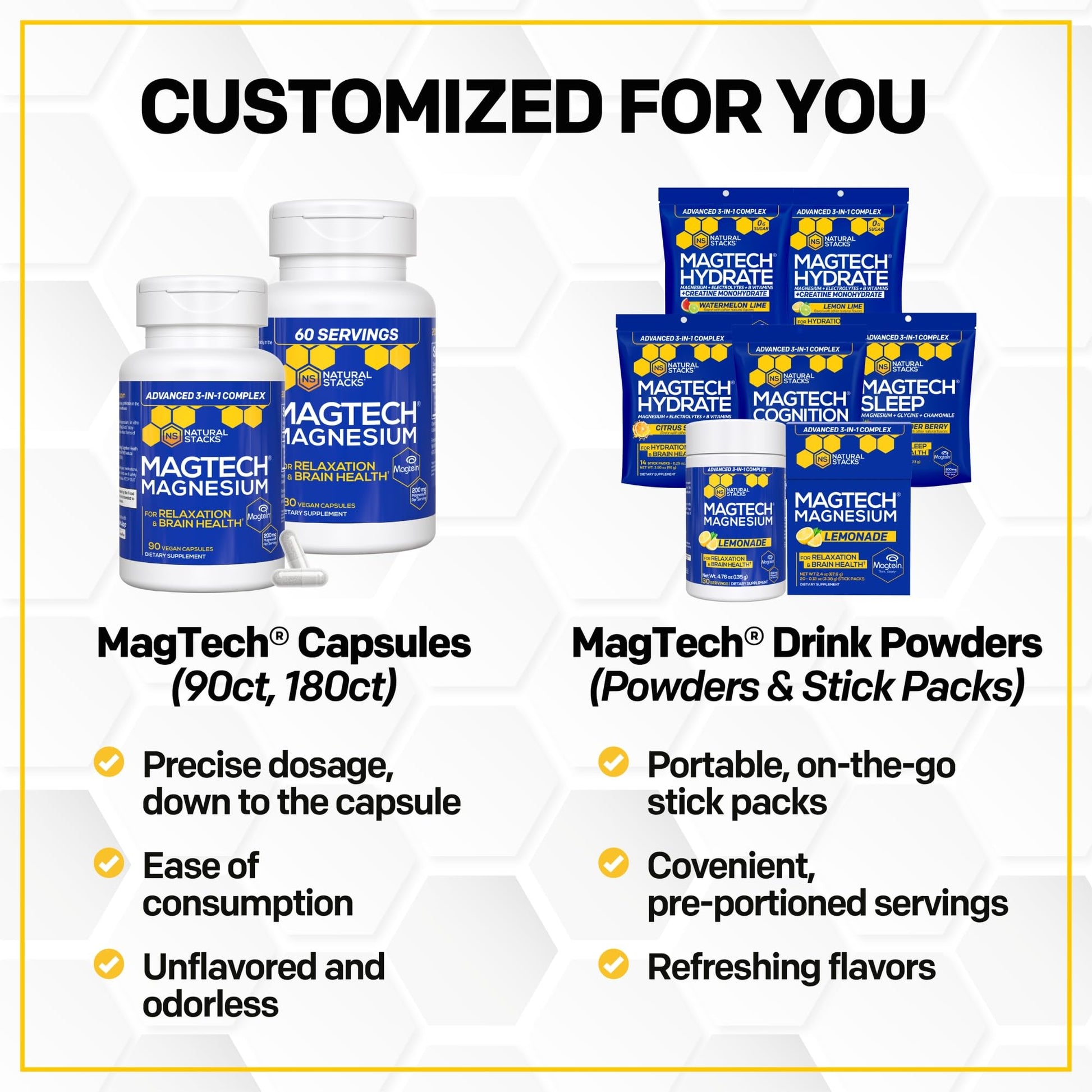 NATURAL STACKS Magtech Magnesium Hydrate + Creatine - Sugar Free Electrolyte Drink - Magtein Magnesium L-Threonate, Glycinate & Taurate - Supports Hydration & Cellular Energy - 14 Hydration Packets - Maple Wellness Supplements