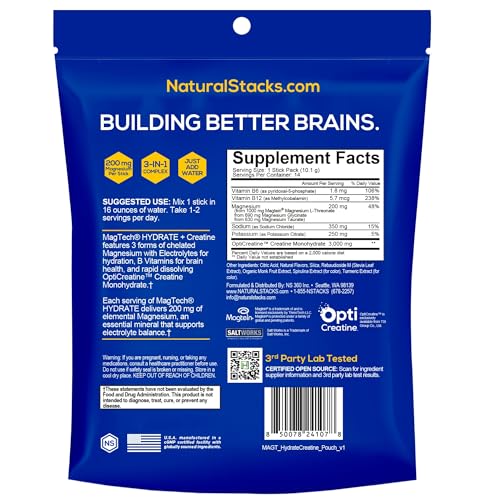 NATURAL STACKS Magtech Magnesium Hydrate + Creatine - Sugar Free Electrolyte Drink - Magtein Magnesium L-Threonate, Glycinate & Taurate - Supports Hydration & Cellular Energy - 14 Hydration Packets - Maple Wellness Supplements