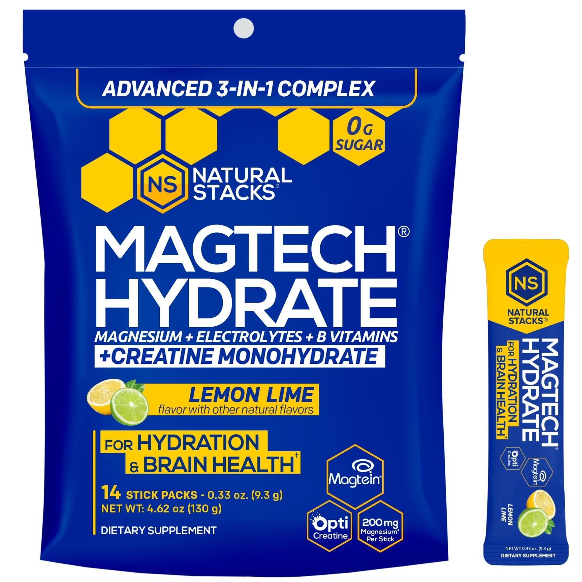 NATURAL STACKS Magtech Magnesium Hydrate + Creatine - Sugar Free Electrolyte Drink - Magtein Magnesium L-Threonate, Glycinate & Taurate - Supports Hydration & Cellular Energy - 14 Hydration Packets - Maple Wellness Supplements