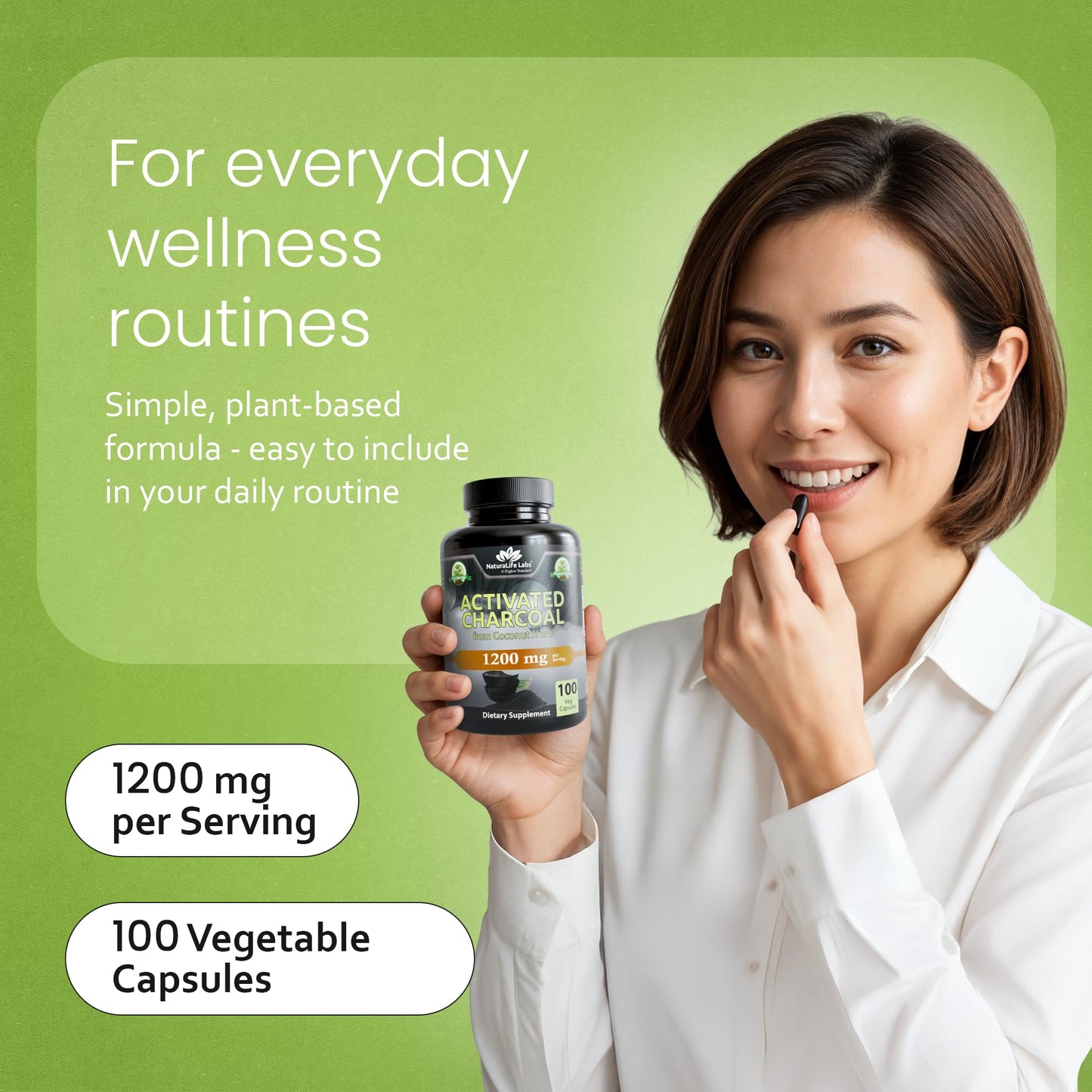 NaturaLife Labs Activated Charcoal 1200 mg per Serving – from Coconut Shells – 100 Veg Capsules – Non-GMO, Gluten-Free, Vegan - Maple Wellness Supplements