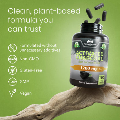 NaturaLife Labs Activated Charcoal 1200 mg per Serving – from Coconut Shells – 100 Veg Capsules – Non-GMO, Gluten-Free, Vegan - Maple Wellness Supplements