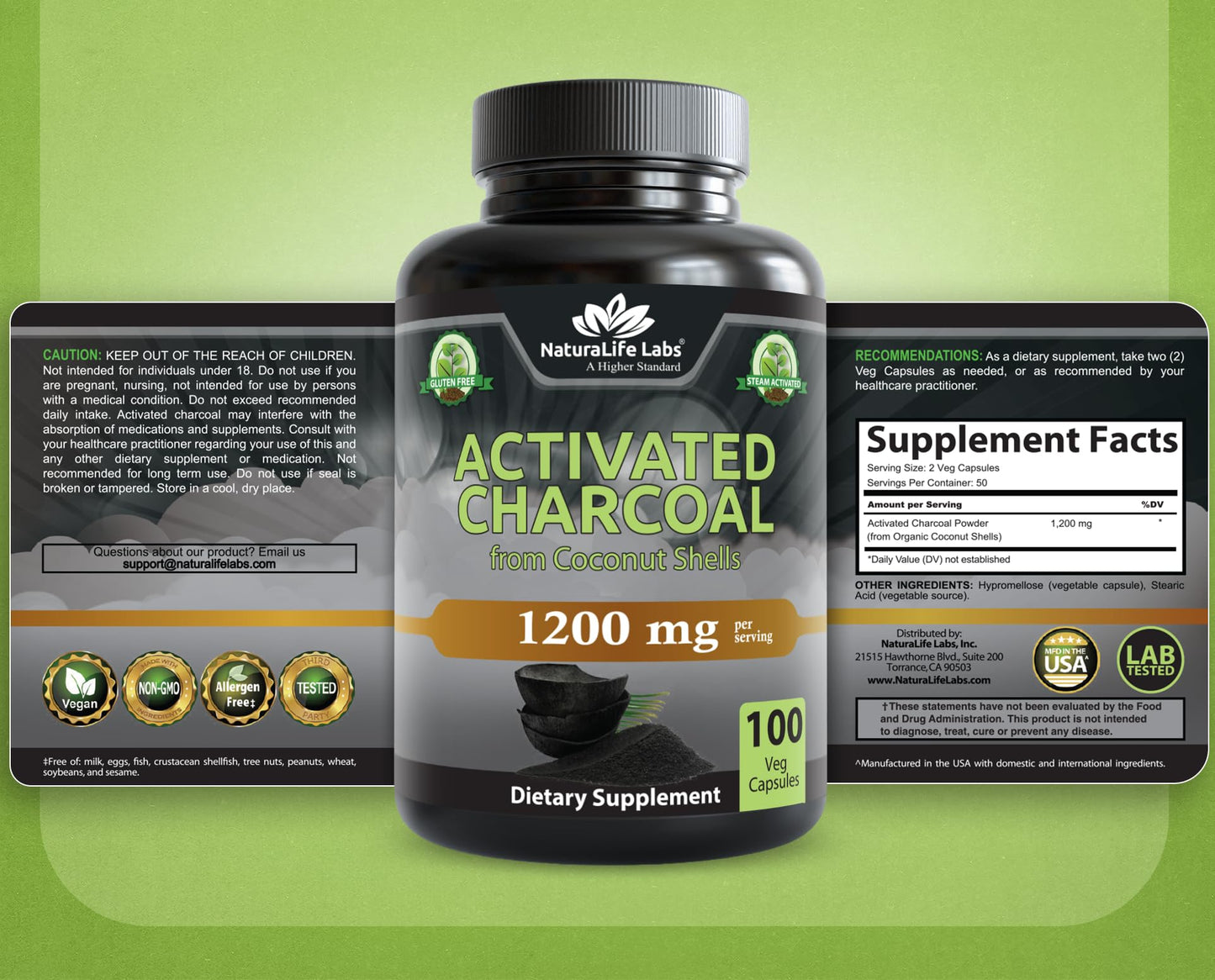NaturaLife Labs Activated Charcoal 1200 mg per Serving – from Coconut Shells – 100 Veg Capsules – Non-GMO, Gluten-Free, Vegan - Maple Wellness Supplements