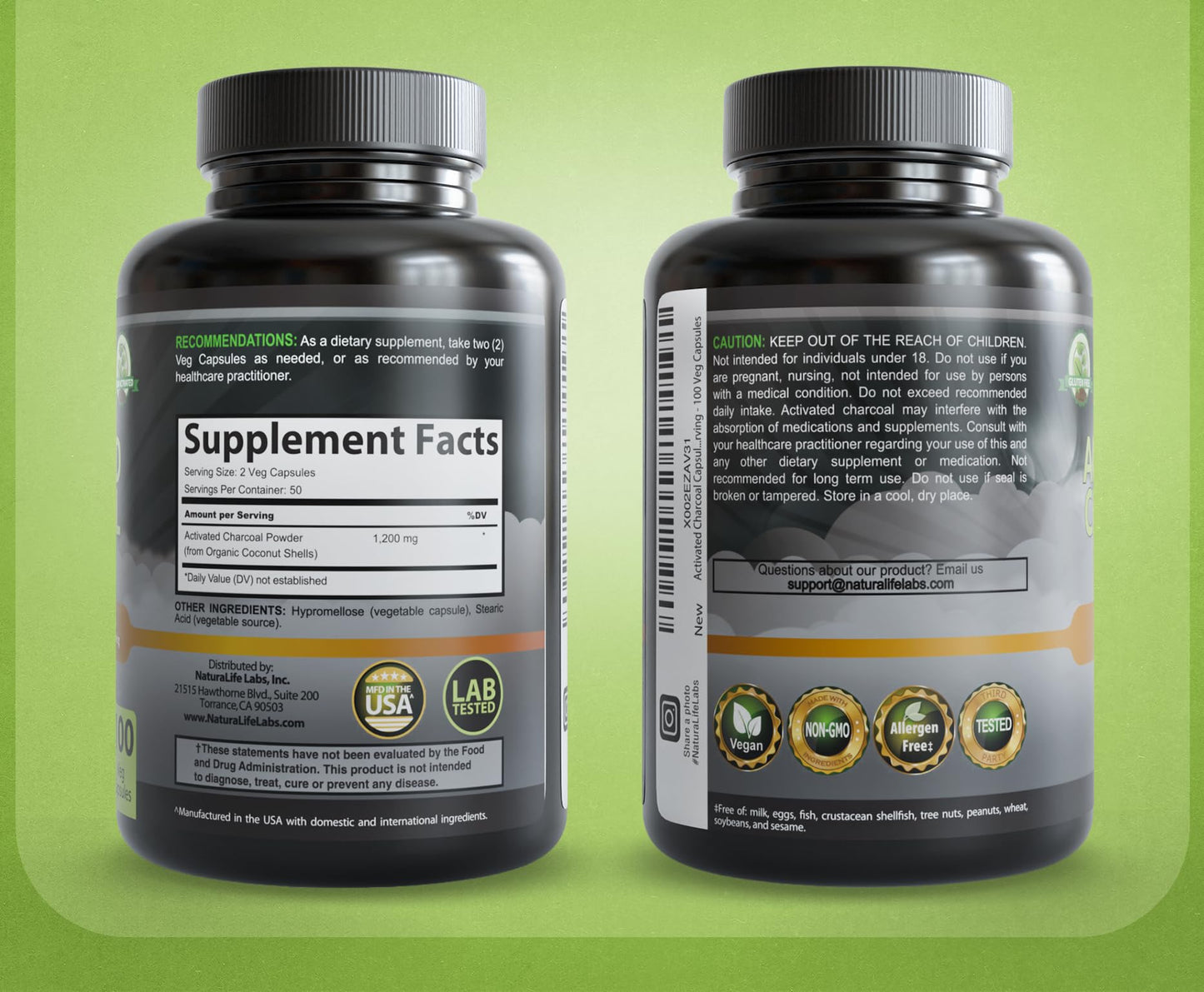 NaturaLife Labs Activated Charcoal 1200 mg per Serving – from Coconut Shells – 100 Veg Capsules – Non-GMO, Gluten-Free, Vegan - Maple Wellness Supplements