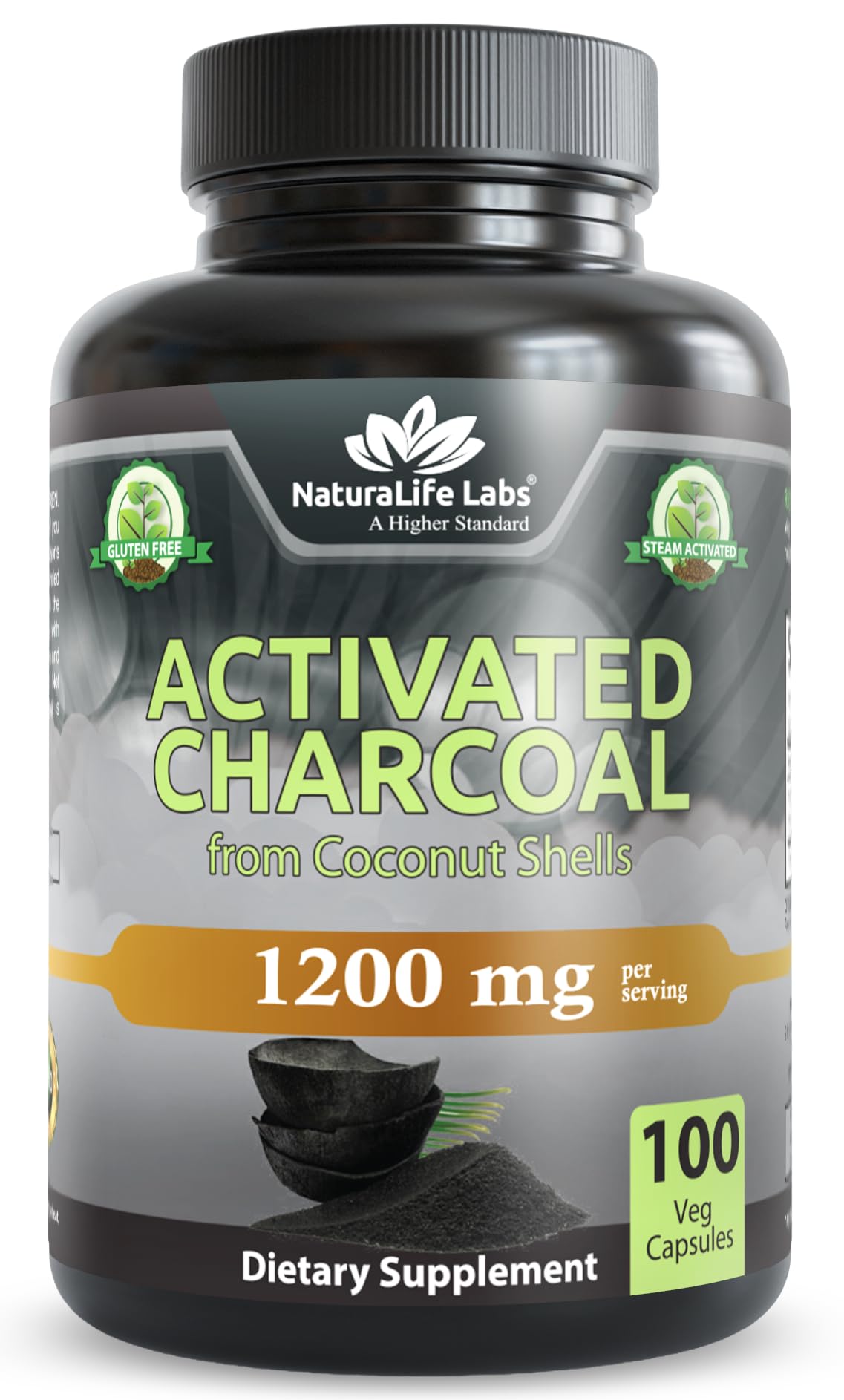 NaturaLife Labs Activated Charcoal 1200 mg per Serving – from Coconut Shells – 100 Veg Capsules – Non-GMO, Gluten-Free, Vegan - Maple Wellness Supplements