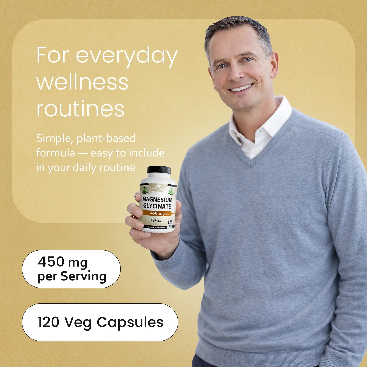 NaturaLife Labs Magnesium Glycinate - 450 mg per Serving – 120 Vegan Capsules - Non-GMO, Gluten-Free, Vegan - Maple Wellness Supplements