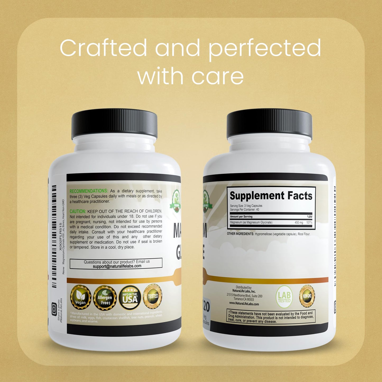 NaturaLife Labs Magnesium Glycinate - 450 mg per Serving – 120 Vegan Capsules - Non-GMO, Gluten-Free, Vegan - Maple Wellness Supplements