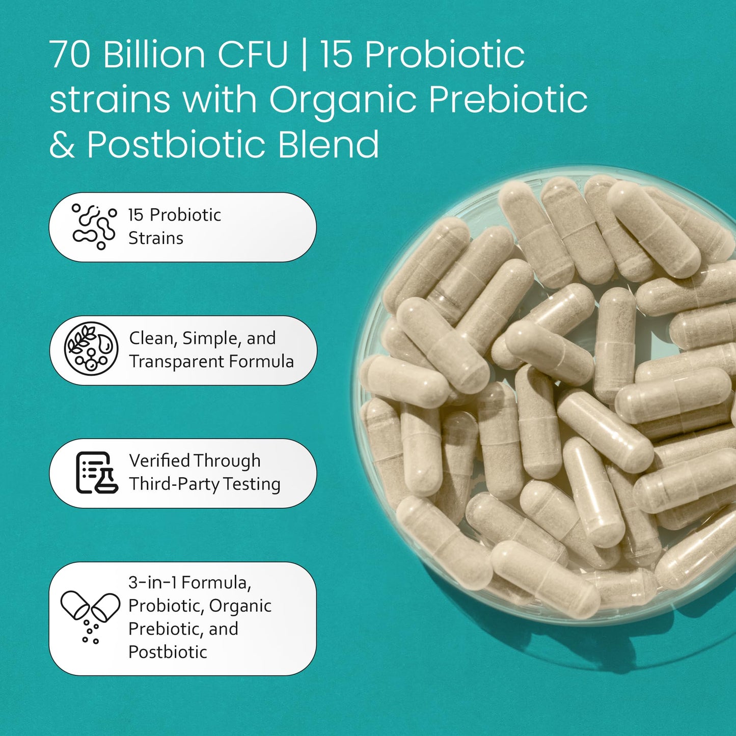 NaturaLife Labs Probiotics 70 Billion CFU – 15 Strains with Organic Prebiotic & Postbiotic – 3-in-1 Formula – 30 Vegan Capsules - Maple Wellness Supplements
