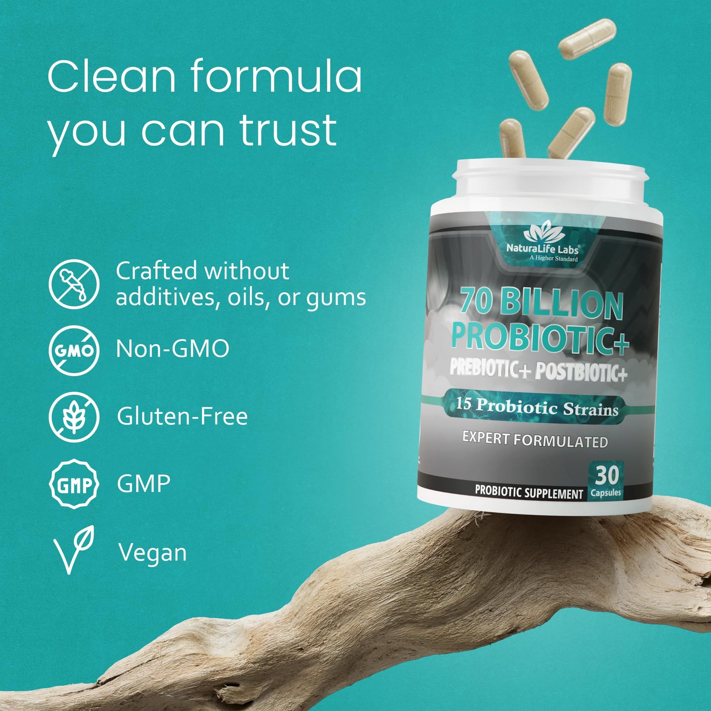 NaturaLife Labs Probiotics 70 Billion CFU – 15 Strains with Organic Prebiotic & Postbiotic – 3-in-1 Formula – 30 Vegan Capsules - Maple Wellness Supplements