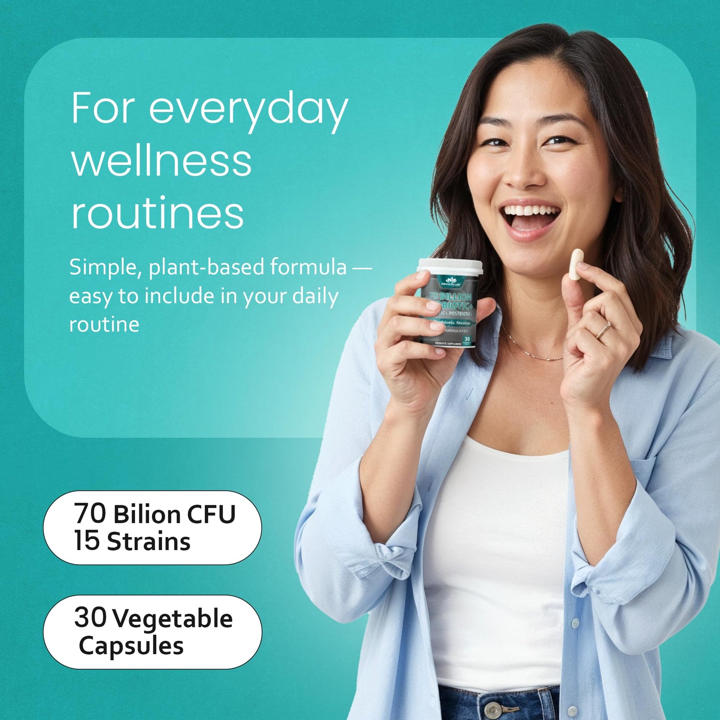 NaturaLife Labs Probiotics 70 Billion CFU – 15 Strains with Organic Prebiotic & Postbiotic – 3-in-1 Formula – 30 Vegan Capsules - Maple Wellness Supplements
