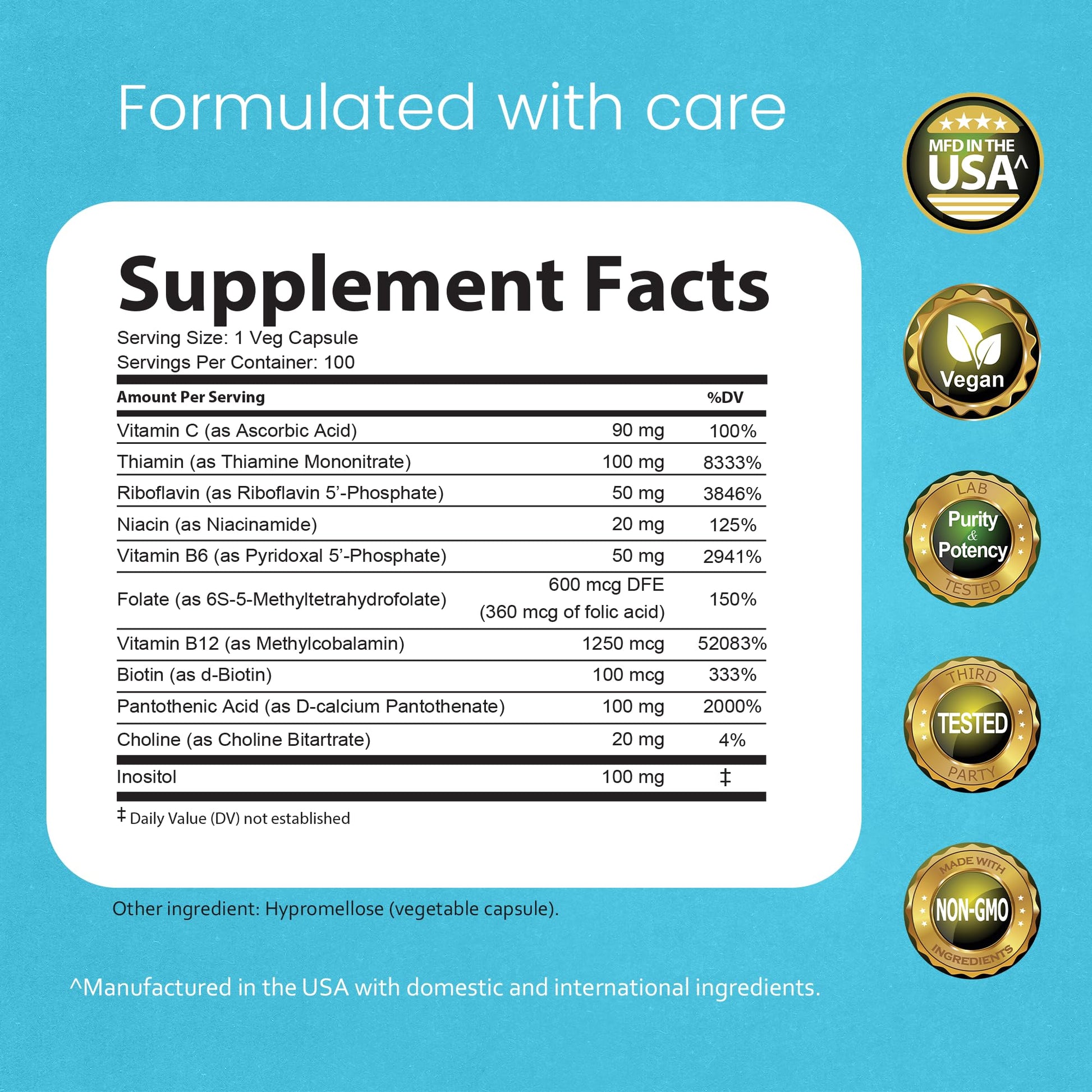 NaturaLife Labs Vitamin B Complex – All B Vitamins Including Active B2, B6, B9 & B12 (Methylcobalamin), Plus B1, B3, B5, B7 & Vitamin C – 100 Capsules - Maple Wellness Supplements