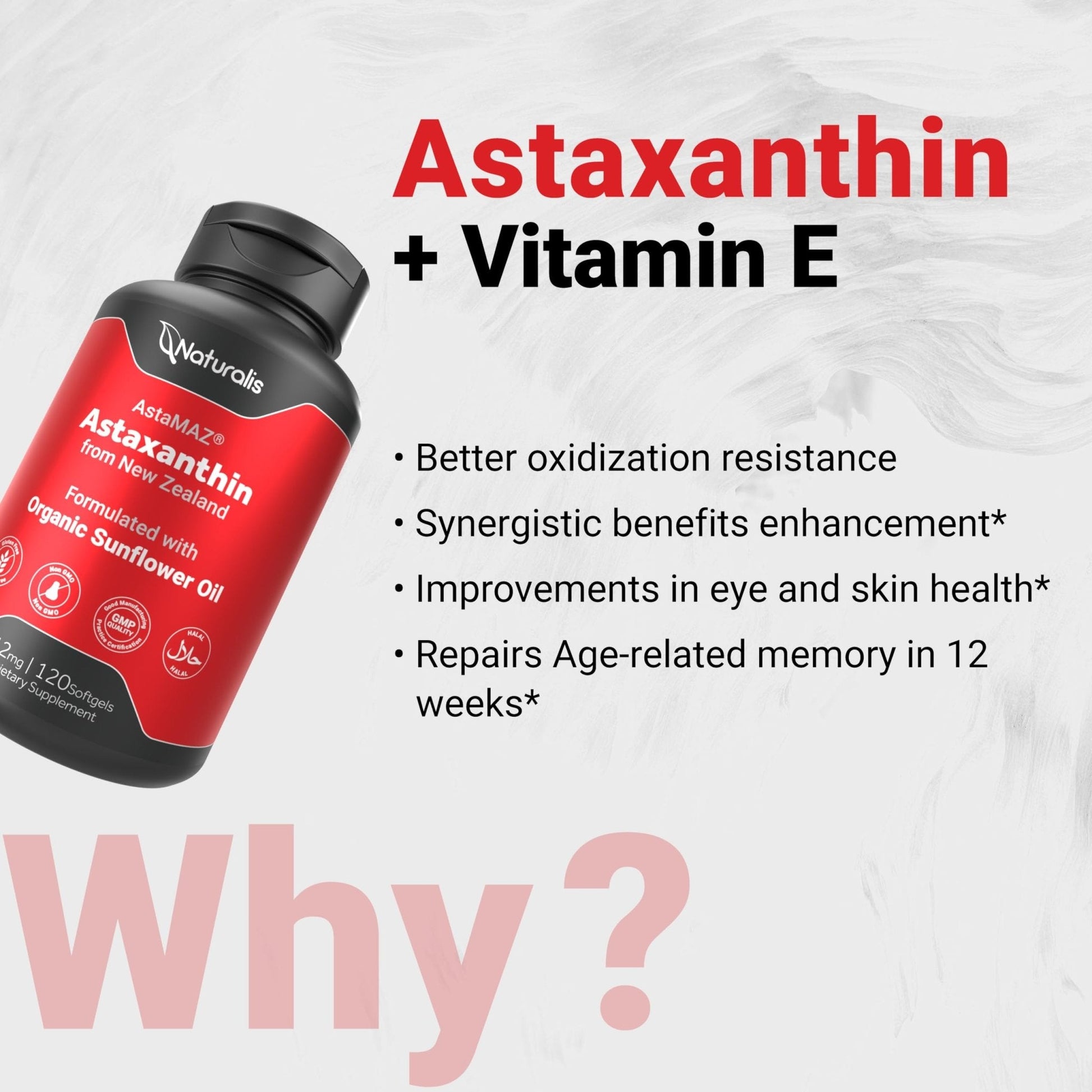 Naturalis New Zealand Astaxanthin (12mg) | Enhanced with Natural Vitamin E | Non-GMO, Soy & Gluten Free | 120 Softgels (4 Month Supply) - Maple Wellness Supplements