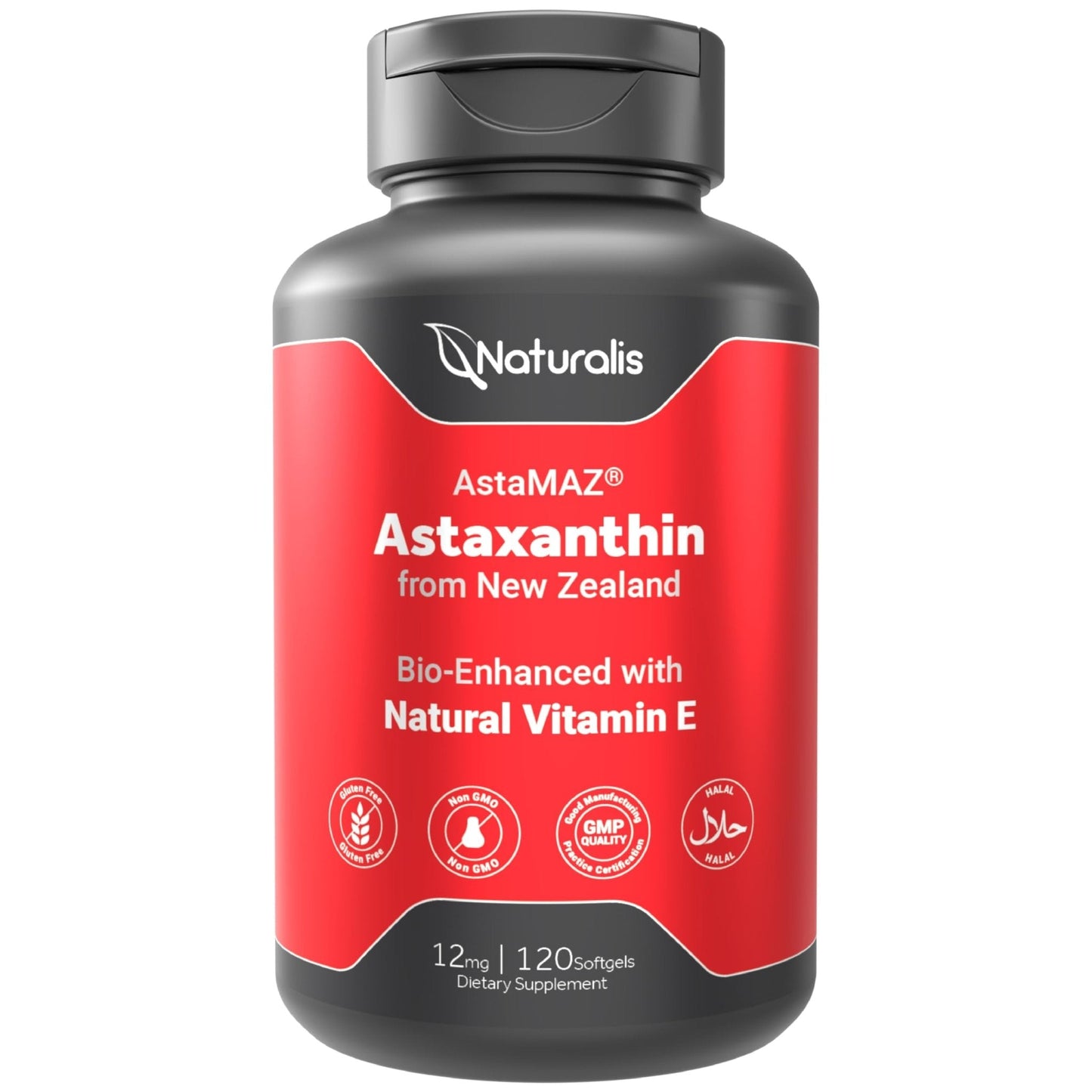 Naturalis New Zealand Astaxanthin (12mg) | Enhanced with Natural Vitamin E | Non-GMO, Soy & Gluten Free | 120 Softgels (4 Month Supply) - Maple Wellness Supplements