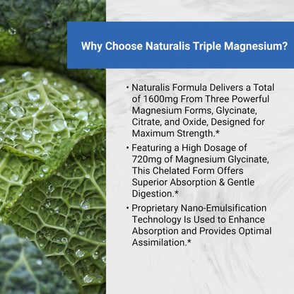 Naturalis Vegan Triple Magnesium Complex | Chelated Glycinate, Citrate & Oxide 1600mg Delivers 250mg Elemental Magnesium | Easily Absorbed for Stress, Muscle, Heart, Bone Support* | 60 Softgels - Maple Wellness Supplements