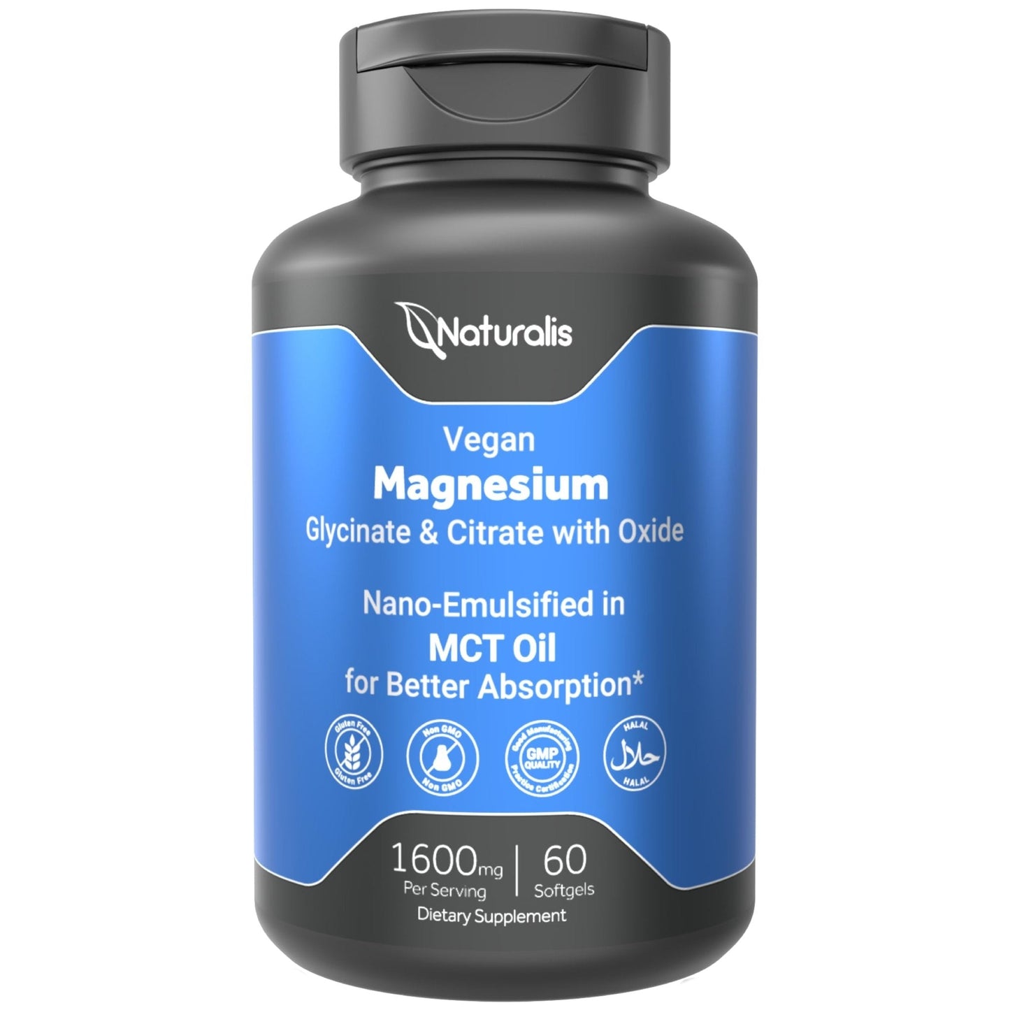 Naturalis Vegan Triple Magnesium Complex | Chelated Glycinate, Citrate & Oxide 1600mg Delivers 250mg Elemental Magnesium | Easily Absorbed for Stress, Muscle, Heart, Bone Support* | 60 Softgels - Maple Wellness Supplements