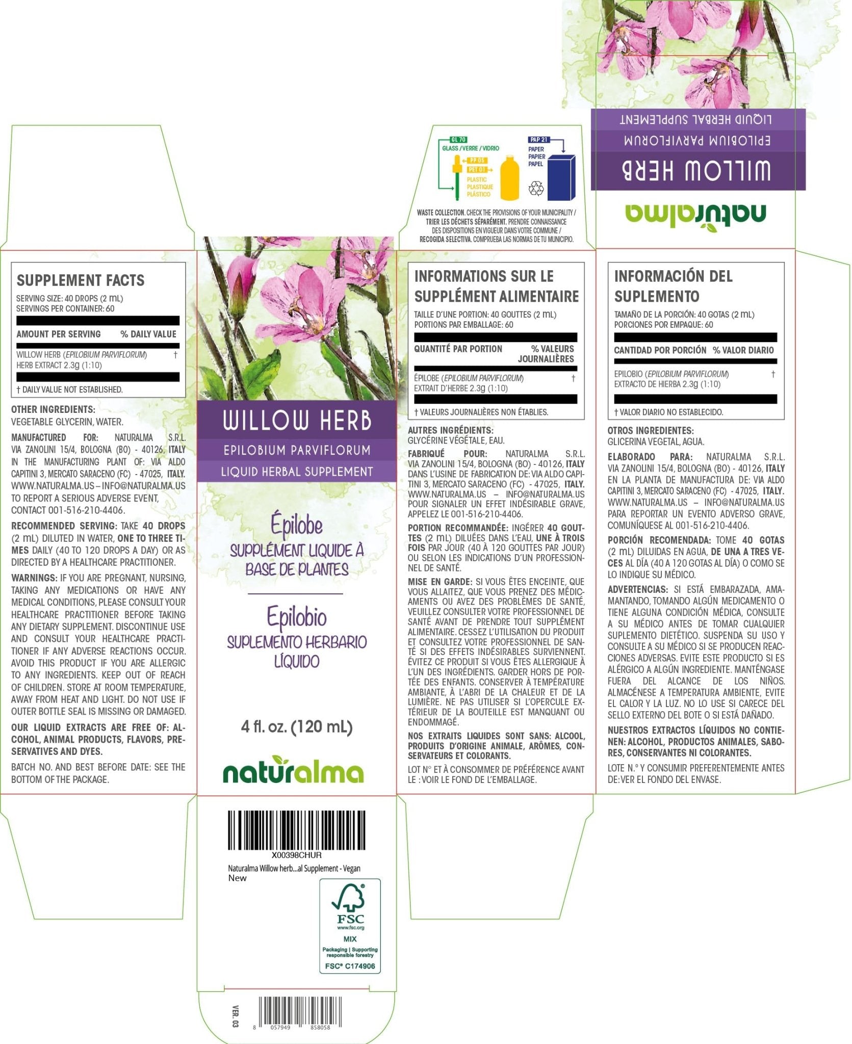 Naturalma Willow herb or Fireweed (Epilobium parviflorum) herb Alcohol-Free Tincture - 4 fl oz Liquid Extract in Drops - Herbal Supplement - Vegan - Maple Wellness Supplements