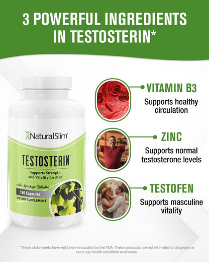 NaturalSlim Natural Booster for Men - Male Enhancing Supplement with Ginkgo Biloba, L Arginine, Zinc, Vitamin B3, & Testofen for Energy, Muscle Builder & Metabolism - 180 Capsules - Maple Wellness Supplements