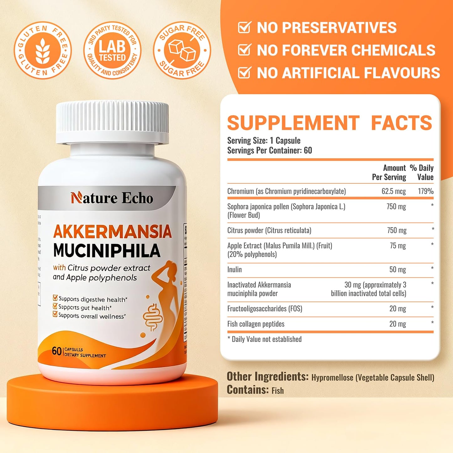 Nature Echo Supplement Support, Akkermansia Muciniphila Supplement for Cravings & Gut Health with Collagen, Inulin & Chromium - 60 Servings Capsules - Maple Wellness Supplements