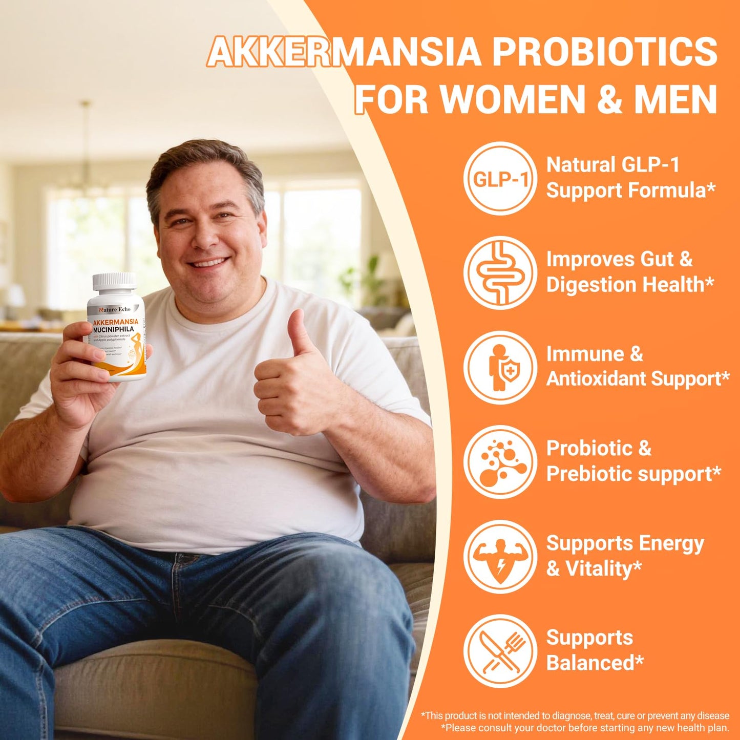 Nature Echo Supplement Support, Akkermansia Muciniphila Supplement for Cravings & Gut Health with Collagen, Inulin & Chromium - 60 Servings Capsules - Maple Wellness Supplements