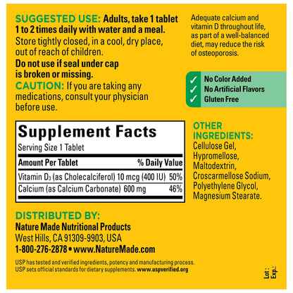 Nature Made Calcium 600 mg with Vitamin D3, Dietary Supplement for Bone Support, 220 Tablets - Maple Wellness Supplements