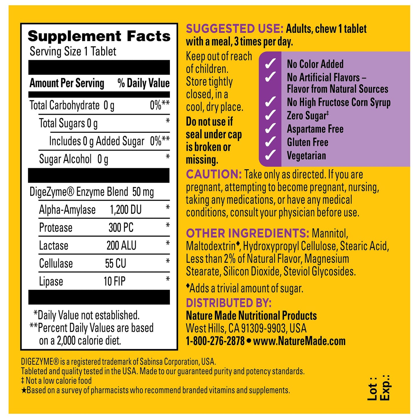 Nature Made Digestive Enzymes 5-in-1 Blend, Digestive Health Support, 90 Chewable Tablets, 30 Day Supply - Maple Wellness Supplements