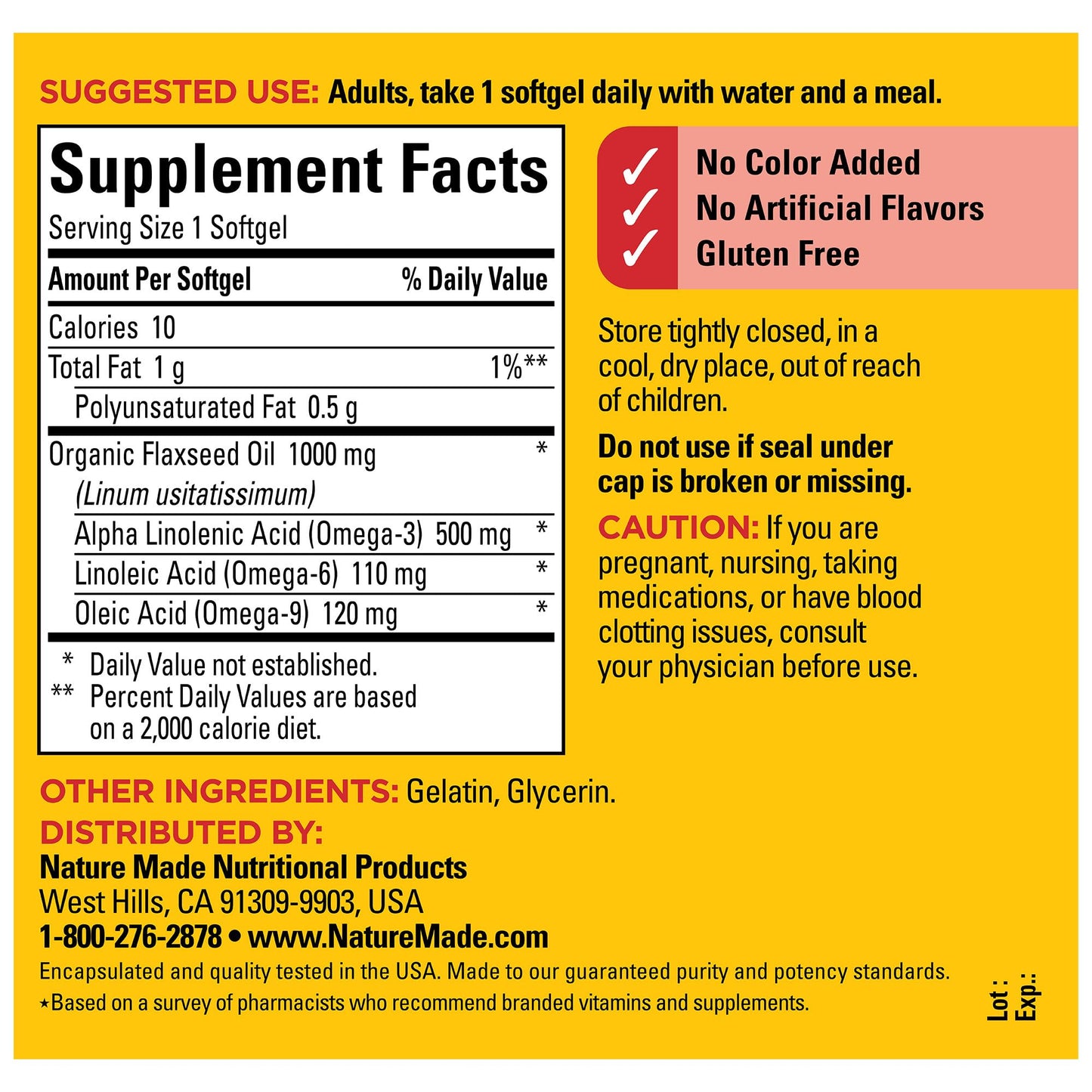 Nature Made Flaxseed Oil 1000 mg, Fish Free Omega 3 Supplement, Dietary Supplement for Heart Health Support, 100 Softgels, 100 Day Supply - Maple Wellness Supplements