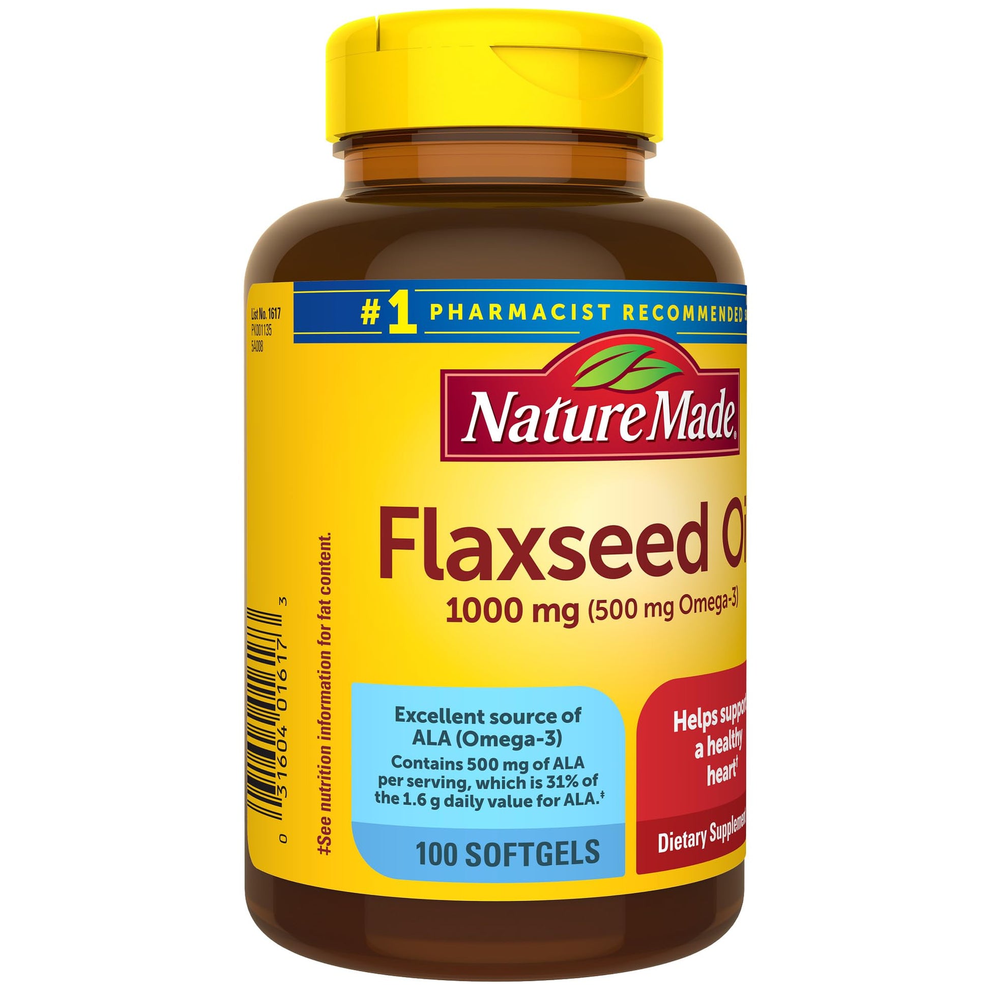 Nature Made Flaxseed Oil 1000 mg, Fish Free Omega 3 Supplement, Dietary Supplement for Heart Health Support, 100 Softgels, 100 Day Supply - Maple Wellness Supplements