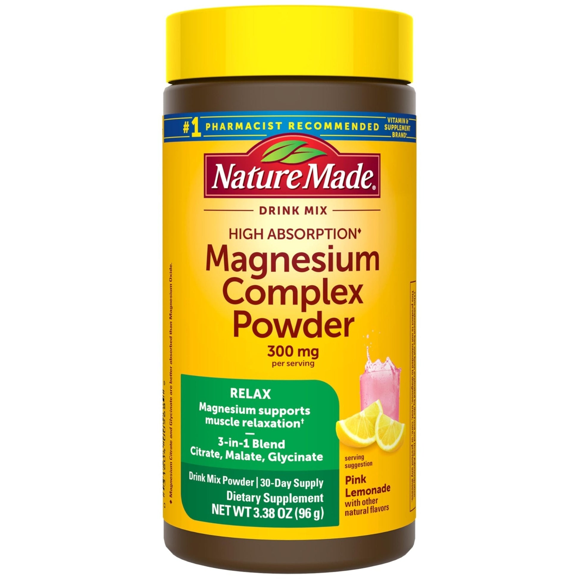 Nature Made High Absorption Magnesium Complex Drink Mix Powder, Magnesium Citrate, Glycinate & Malate 3-in-1 Blend, Pink Lemonade Flavor, 96 g, 30 Day Supply - Maple Wellness Supplements
