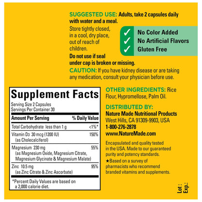 Nature Made Magnesium Complex Supplement with Vitamin D & Zinc for Immune Support, Magnesium Glycinate, Malate, Citrate & Oxide for Muscle, Nerve, Heart & Bone Support, 60 Capsules, 30 Day Supply - Maple Wellness Supplements