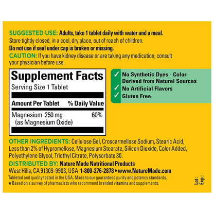 Nature Made Magnesium Oxide 250 mg, Magnesium Supplements for Men and Women, Support for Muscle, Heart - Maple Wellness Supplements