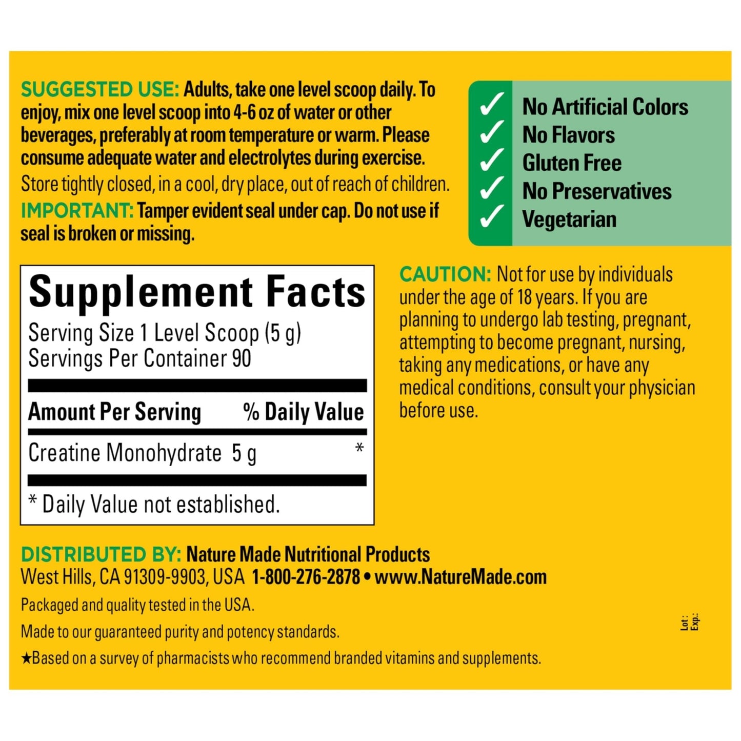 Nature Made Micronized Creatine Monohydrate Powder 5 g per Serving, Unflavored Drink Mix Powder, Muscle Support, 450 g, 90 Day Supply - Maple Wellness Supplements