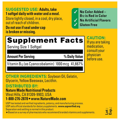 Nature Made Vitamin B12 1000 mcg, Dietary Supplement for Energy Metabolism Support, B12 Vitamins 1000 mcg, 150 Softgels, 150 Day Supply - Maple Wellness Supplements