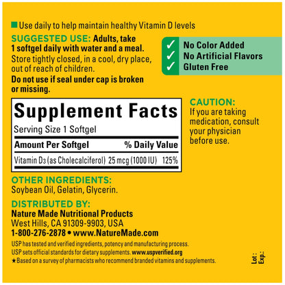 Nature Made Vitamin D3 1000 IU (25 mcg), Vitamin D Supplement for Bone, Teeth, Muscle and Immune Health Support, 300 Softgels, 300 Day Supply - Maple Wellness Supplements