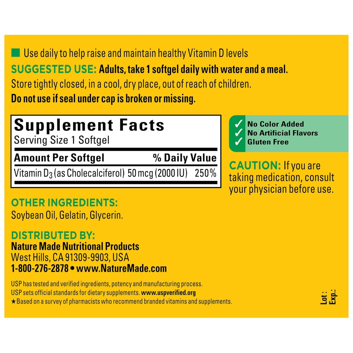 Nature Made Vitamin D3 2000 IU (50 mcg), Vitamin D Supplement for Bone, Teeth, Muscle and Immune Health Support, 250 Softgels, 250 Day Supply - Maple Wellness Supplements