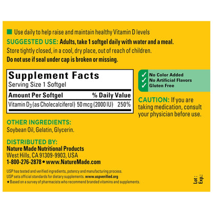Nature Made Vitamin D3 2000 IU (50 mcg), Vitamin D Supplement for Bone, Teeth, Muscle and Immune Health Support, 250 Softgels, 250 Day Supply - Maple Wellness Supplements