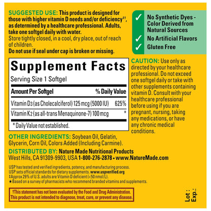 Nature Made Vitamin D3 K2 Supplement, 5000 IU (125 mcg) Vitamin D for Bone, Teeth, Muscle and Immune Support - Maple Wellness Supplements