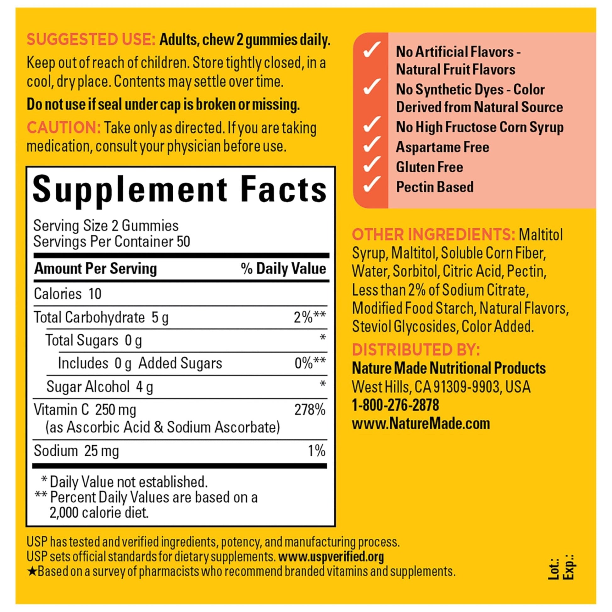 Nature Made Zero Sugar Vitamin C Gummies 250 mg Per Serving, Immune & Antioxidant Support, Aspartame Free - Maple Wellness Supplements