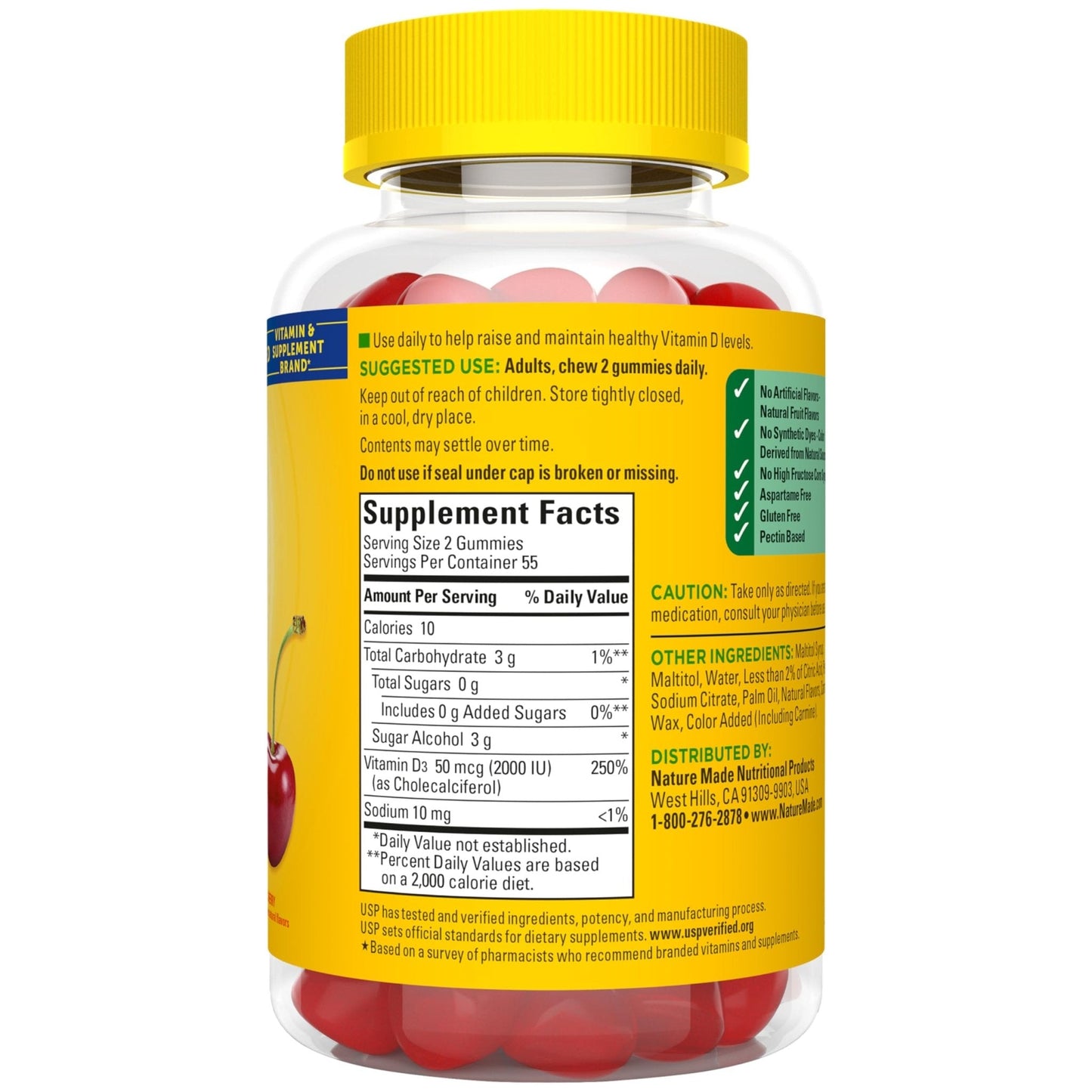 Nature Made Zero Sugar Vitamin D3 Gummies 2000 IU (50 mcg) Per Serving, Bone & Immune Support, Aspartame Free - Maple Wellness Supplements