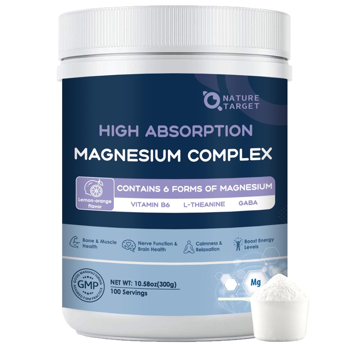 NATURE TARGET Magnesium Powder Supplement with Glycinate, Citrate, Malate, Magnesium Complex with L-Theanine & Vitamin B6 for Muscle, Heart & Brain, Vegan, 10.58 oz (100 Servings), Lemon Orange Flavor - Maple Wellness Supplements