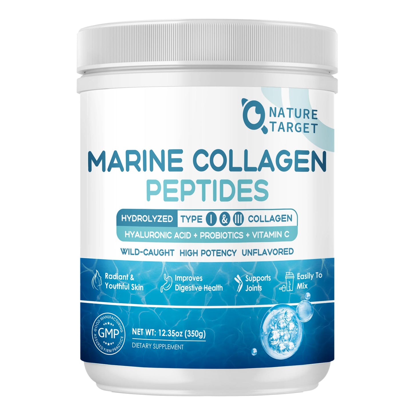 NATURE TARGET Marine Collagen Peptides Powder - Type I & III Collagen with Probiotics, Vitamin C & Hyaluronic Acid for Skin, Hair, Nails - Maple Wellness Supplements