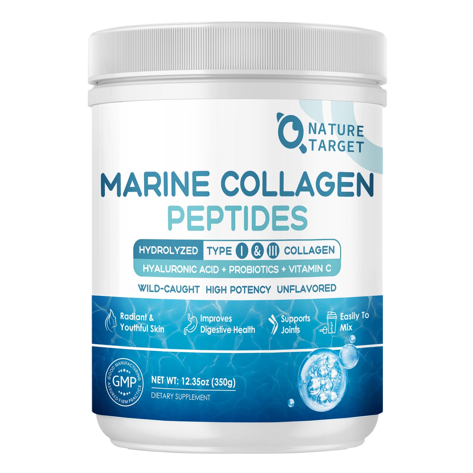 NATURE TARGET Marine Collagen Peptides Powder - Type I & III Collagen with Probiotics, Vitamin C & Hyaluronic Acid for Skin, Hair, Nails - Maple Wellness Supplements