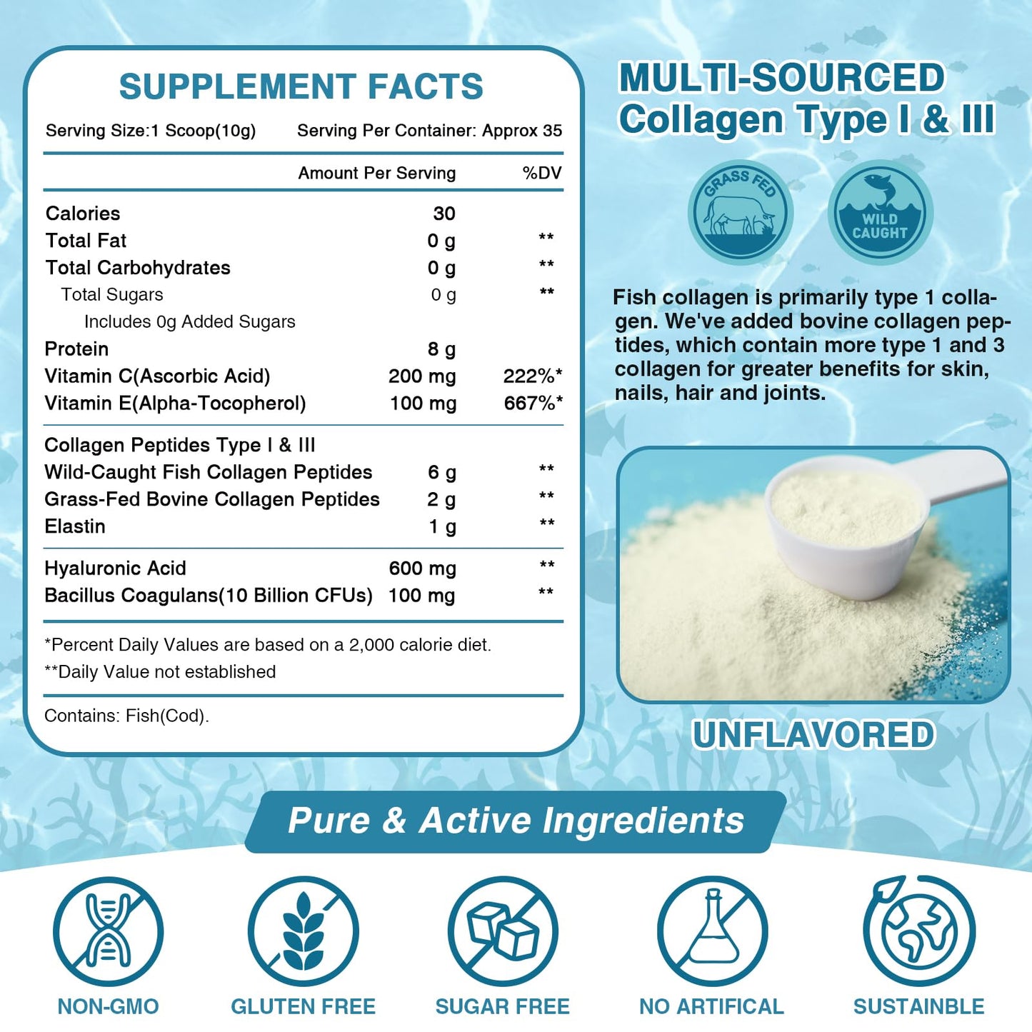 NATURE TARGET Marine Collagen Peptides Powder - Type I & III Collagen with Probiotics, Vitamin C & Hyaluronic Acid for Skin, Hair, Nails - Maple Wellness Supplements