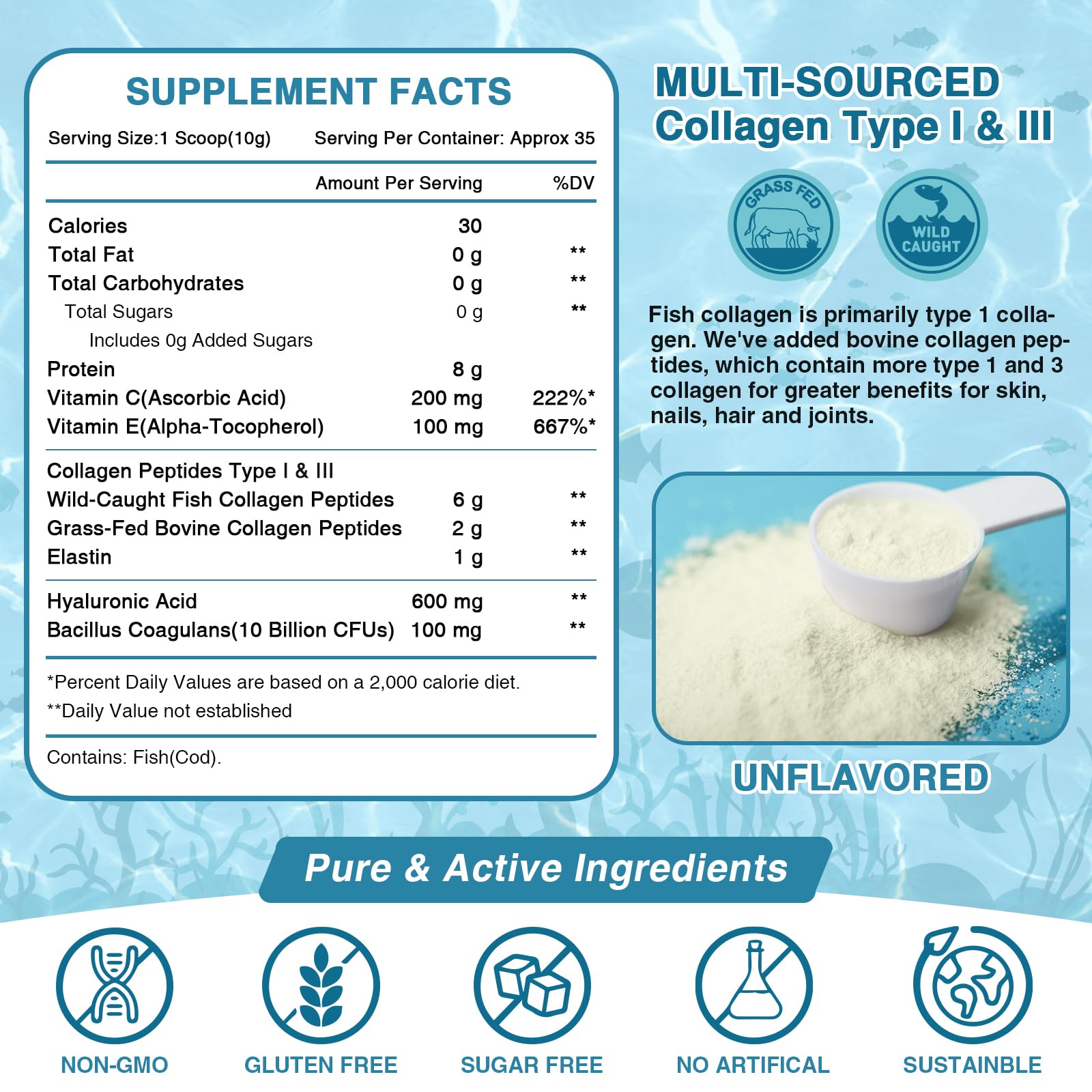 NATURE TARGET Marine Collagen Peptides Powder - Type I & III Collagen with Probiotics, Vitamin C & Hyaluronic Acid for Skin, Hair, Nails - Maple Wellness Supplements