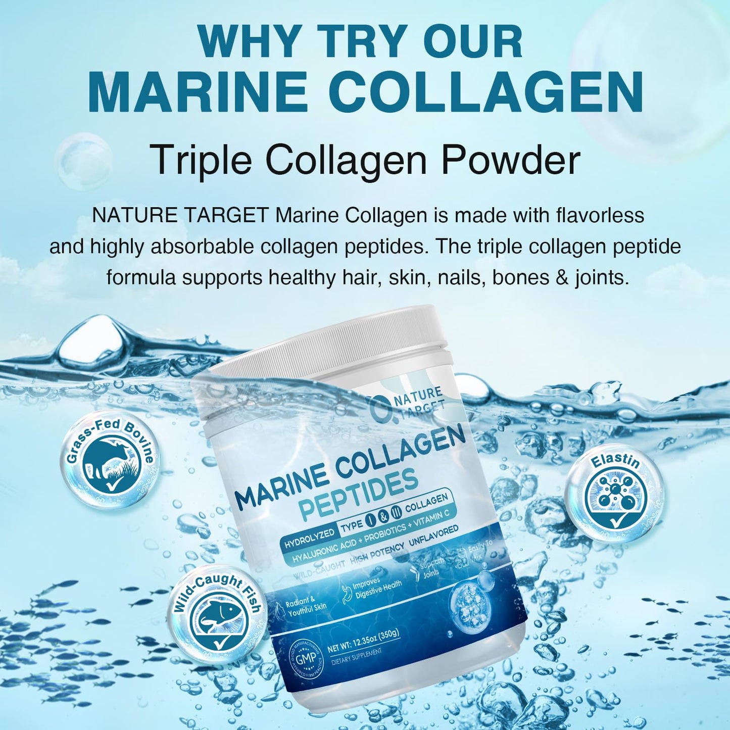 NATURE TARGET Marine Collagen Peptides Powder - Type I & III Collagen with Probiotics, Vitamin C & Hyaluronic Acid for Skin, Hair, Nails - Maple Wellness Supplements